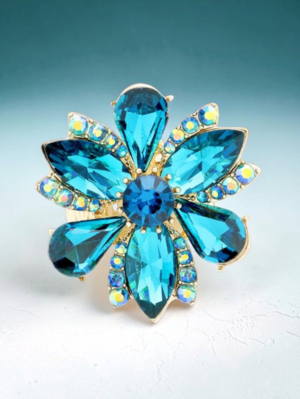 Blue Zircon Marquise Flower Glass Stone Stretch Cocktail Ring